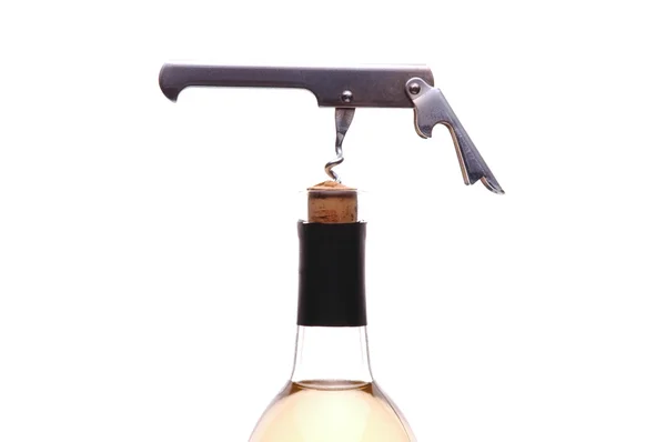 Sacacorchos en botella de corcho de vino —  Fotos de Stock