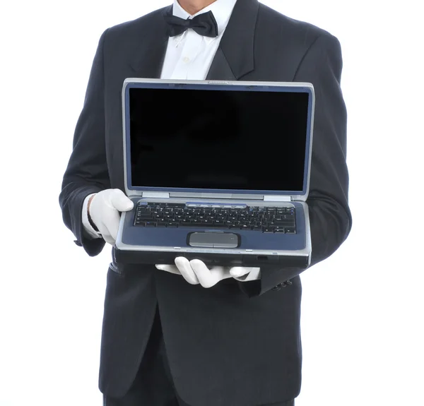 Butler med laptop — Stockfoto