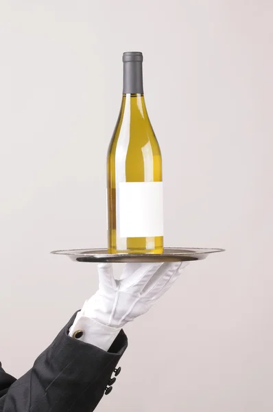 Garçom Garrafa de vinho branco na bandeja — Fotografia de Stock