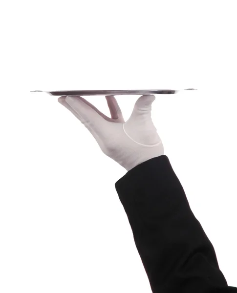 Hand holding up silver tray — Stock Photo, Image