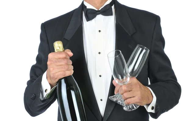 Uomo Tuxedo Champagne bottiglia — Foto Stock