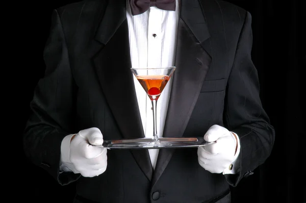 Man Holding a Cocktail on Silver Tray — Stock Photo, Image