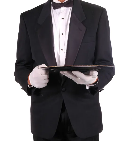 Homem em Tuxedo Segurando Servindo Bandeja — Fotografia de Stock