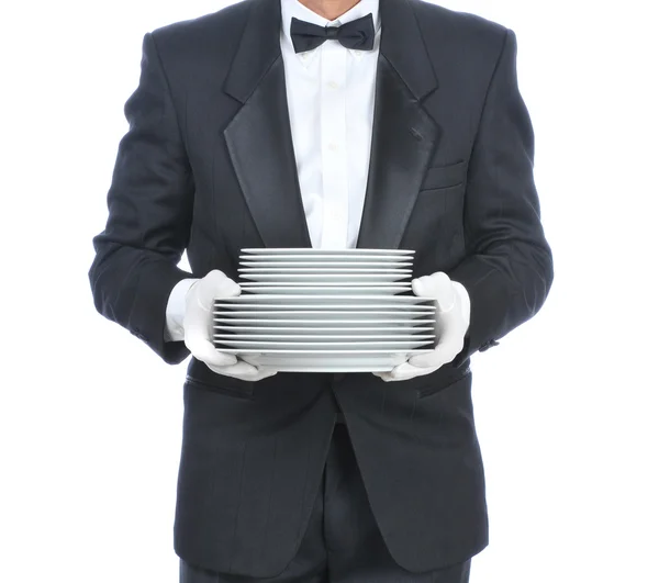 Waiter with a stack of Plates — Stock Photo, Image