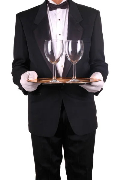 Kellner und Tablett mit Weingläsern — Stockfoto
