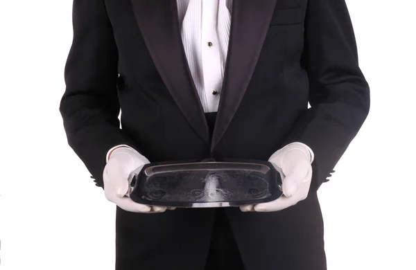 Σερβιτόρος και ασημένιο δίσκο — Φωτογραφία Αρχείου