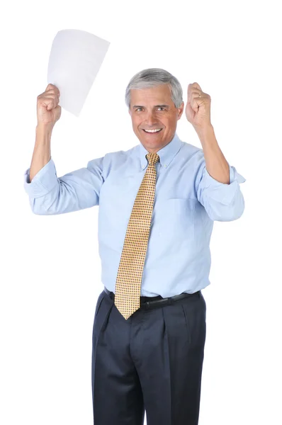 Усміхнений бізнесмен з піднятими руками — стокове фото
