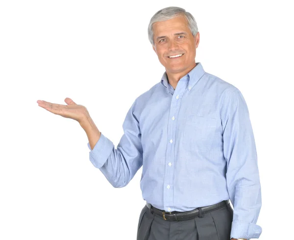 Mann im blauen Hemd zeigt Handfläche nach oben — Stockfoto