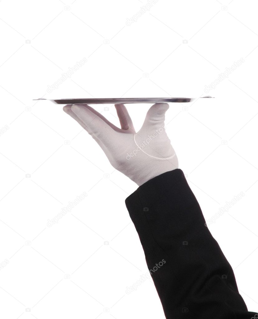Hand holding up silver tray