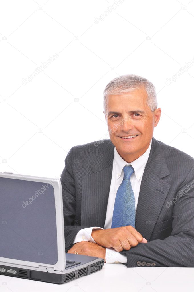 Businessman looking over laptop