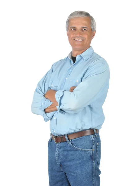 Улыбающийся человек в джинсах и рабочей рубашке — стоковое фото