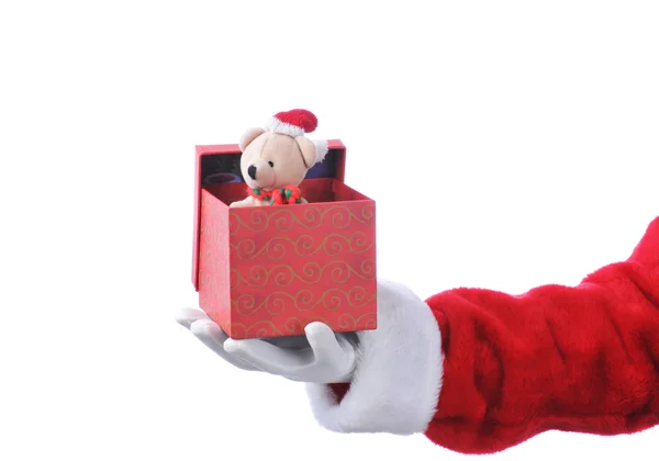 Weihnachtsmann mit Kiste und Bär — Stockfoto