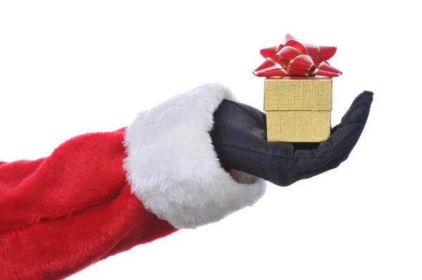 Santa con caja de regalo de oro —  Fotos de Stock