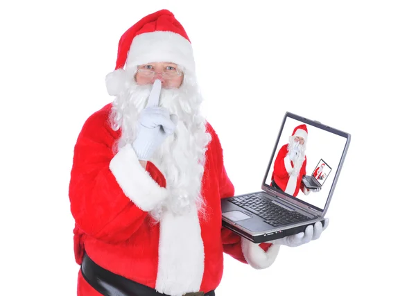 Santa Claus With Laptop Making Shh Sign — Stock Photo, Image