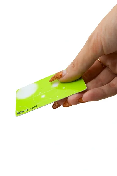 Mão feminina segurar cartão de bônus — Fotografia de Stock
