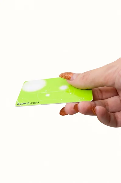 Mão feminina segurar cartão de bônus — Fotografia de Stock