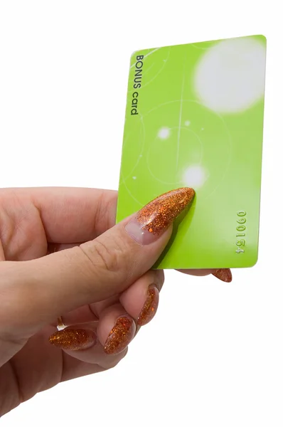 Mão feminina com cartão bônus — Fotografia de Stock