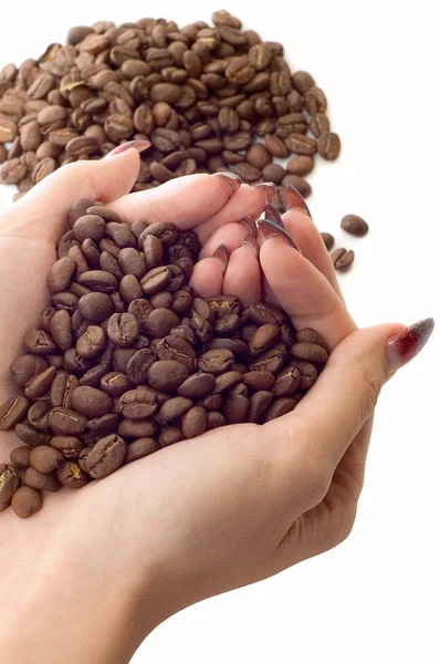 Mãos femininas e grãos de café — Fotografia de Stock