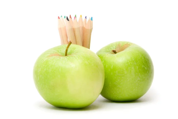 Ripe apples fruit and color pencils — Stock Photo, Image