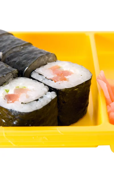 Sushi roll on yellow plate — Stock Photo, Image