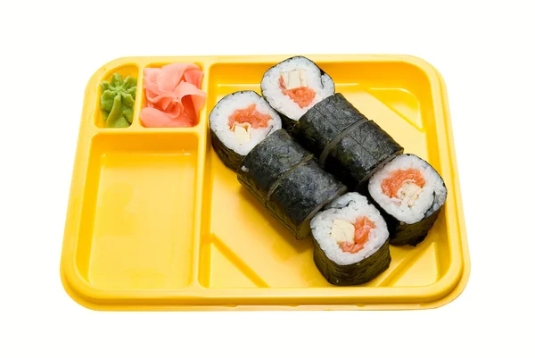 Yellow plate with rolls of sushi — Stock Photo, Image