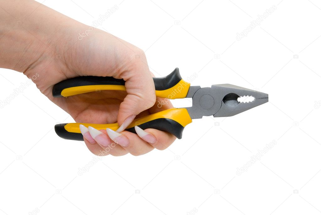 Female hand hold black and yellow pliers