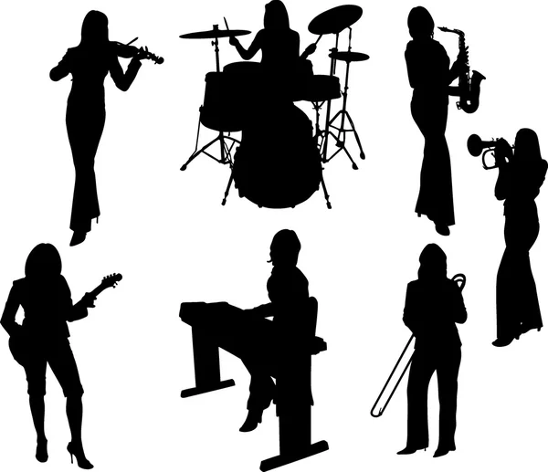 Group of music girls silhouette — Stock Vector