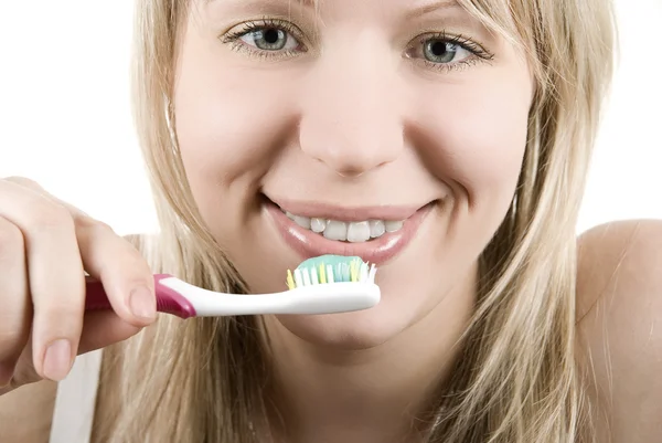 Mulher escova de dentes — Fotografia de Stock