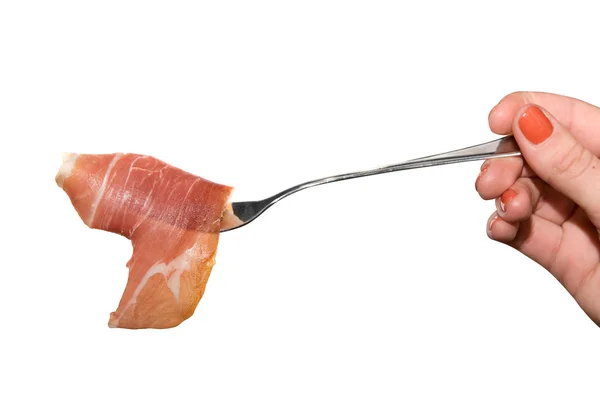 Jamon slice at fork — Stock Photo, Image
