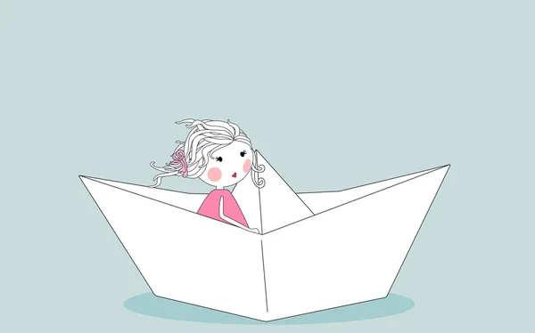 Liten flicka i papper båt — Stock vektor