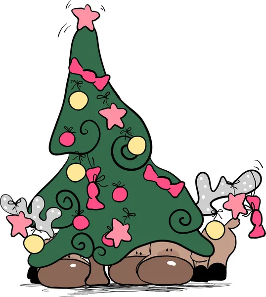 Noel ağacın arkasına saklanarak Ren geyiği — Stok Vektör