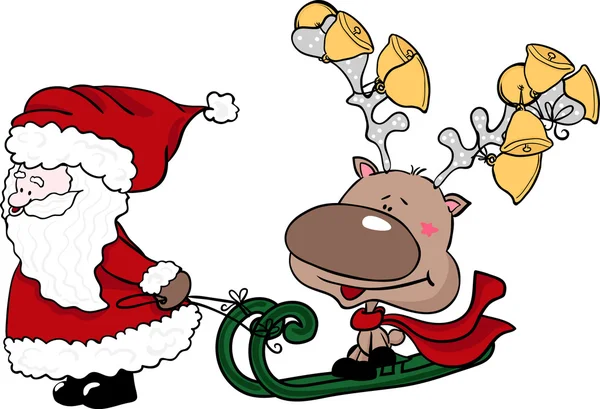 Papai Noel puxando uma rena no trenó — Vetor de Stock