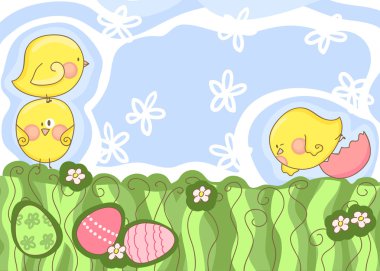 Unny chicks playing on meadow clipart