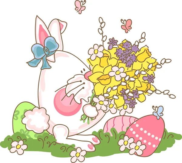 Coniglietto pasquale con bouquet — Vettoriale Stock