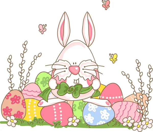 Easter bunny prepares to decorate eggs — Stock Vector