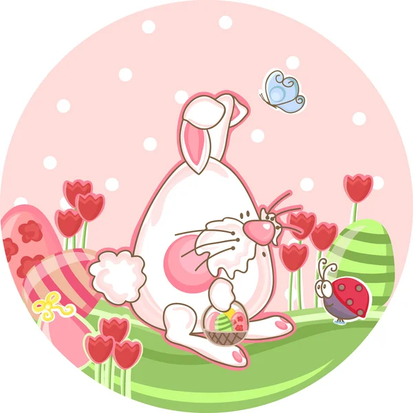郁金香字段中的小兔子 — 图库矢量图片