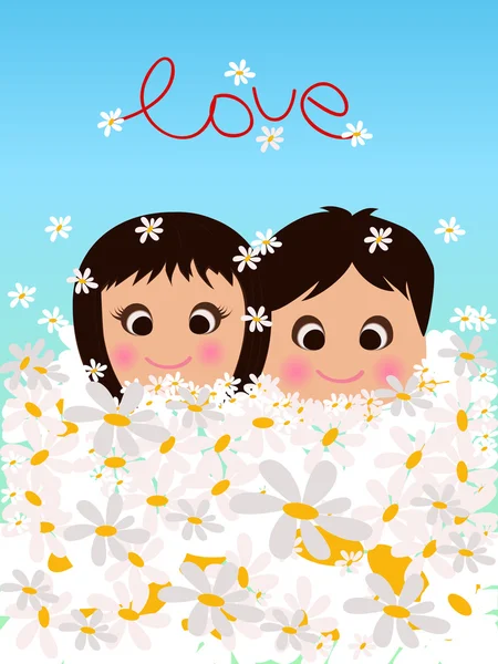 Meisje en jongen in bloemen — Stockvector