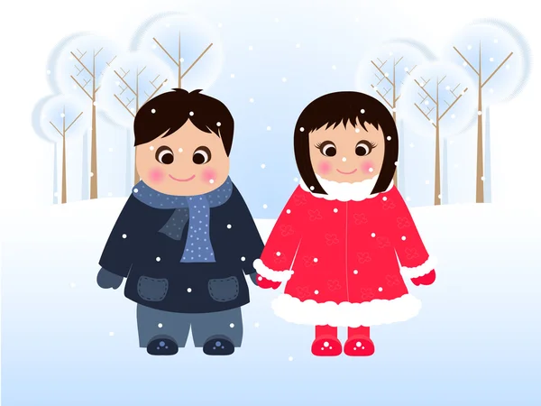 Meisje en jongen in sneeuw — Stockvector