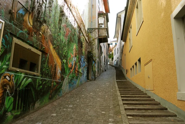 Kis sikátorban festett fal. Zürich — Stock Fotó