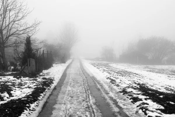 Ομίχλη αγροτικό δρόμο για το χειμώνα — Φωτογραφία Αρχείου