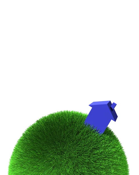 Blauw huis op bol van gras — Stockfoto