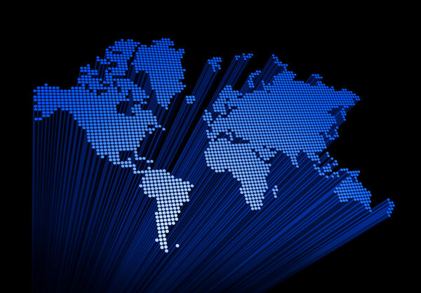 Three dimensional spotted world map on black background
