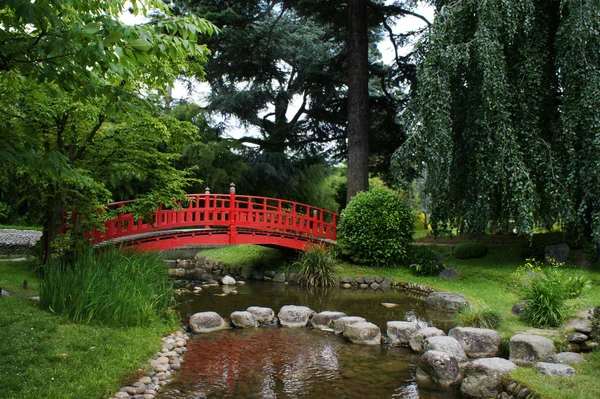 Japon bahçesindeki kırmızı köprü.