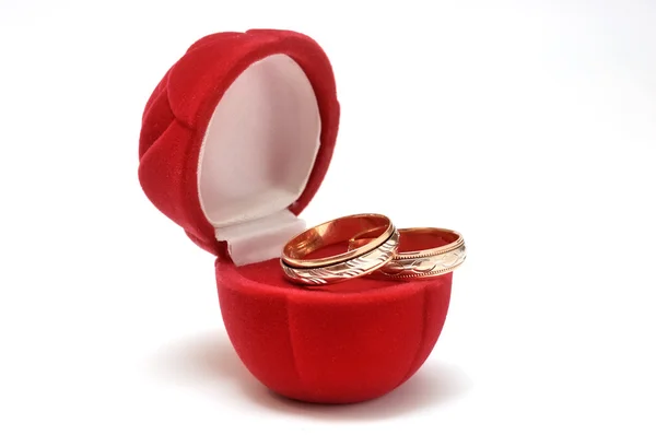 Wedding rings in red box — Stock Photo, Image