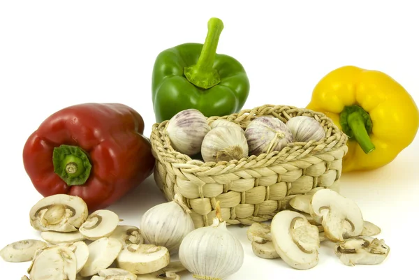 Pepper, garlics and mushrooms — Stock Photo, Image