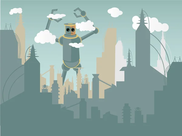 Robot gigante atacando cidade — Vetor de Stock