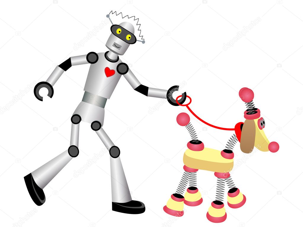 Robot walking robot dog on leash