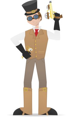 Steampunk man holding guy and watch clipart