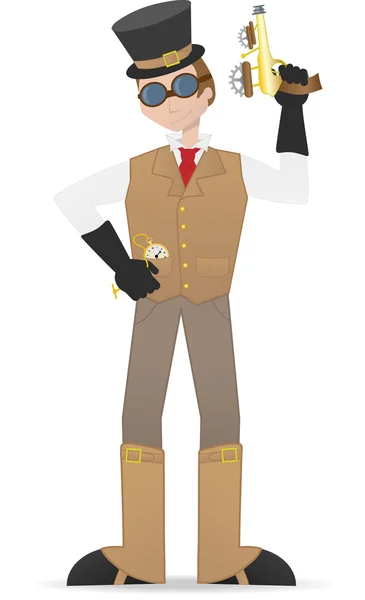 Steampunk man holding guy and watch — Stock Vector