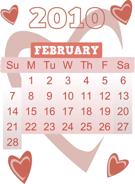 Fevereiro Valentine Calendário 2010 — Vetor de Stock